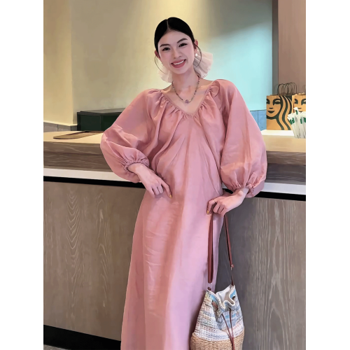 法式復古氣質V領燈籠袖連衣裙女夏季2025新款慵懶松弛感寬松長裙