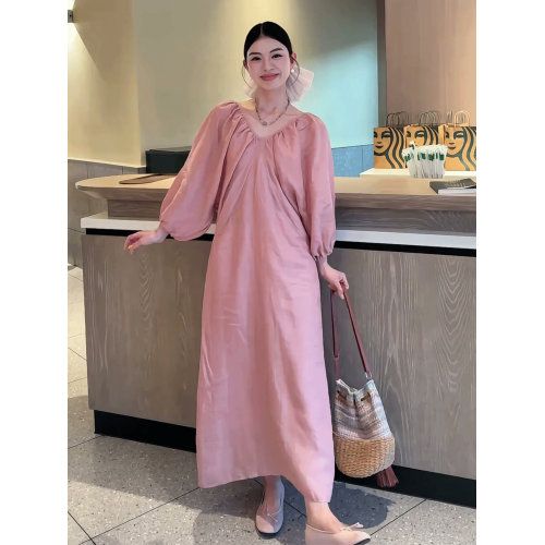 法式復古氣質V領燈籠袖連衣裙女夏季2025新款慵懶松弛感寬松長裙