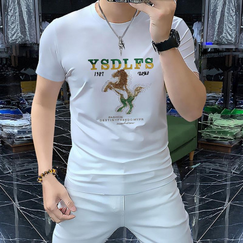 歐美潮牌夏季刺綉戰馬輕奢修身短袖男T恤絲光棉彈力薄款青年體恤