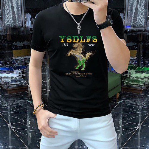 歐美潮牌夏季刺綉戰馬輕奢修身短袖男T恤絲光棉彈力薄款青年體恤