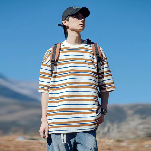 圓領條紋短袖男t恤2025夏季新款港風潮牌寬松休閒青少年體恤男裝