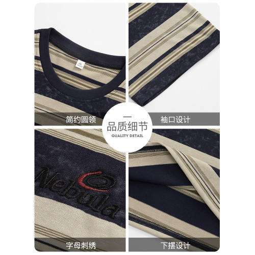 恩洛亞復古條紋短袖男T恤夏季圓領體恤寬松潮流日系刺綉休閒上衣