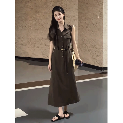 復古無袖背心襯衫連衣裙女2025夏季新款輕熟風氣質高級感掐腰長裙