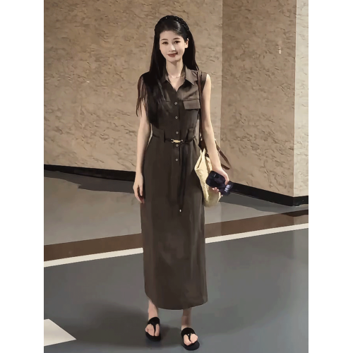 復古無袖背心襯衫連衣裙女2025夏季新款輕熟風氣質高級感掐腰長裙