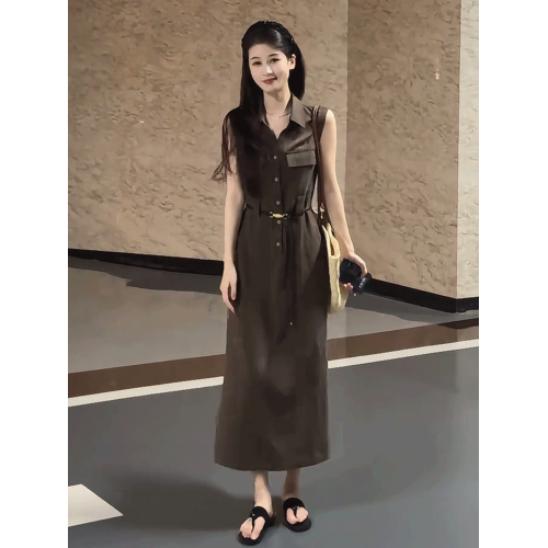 復古無袖背心襯衫連衣裙女2025夏季新款輕熟風氣質高級感掐腰長裙
