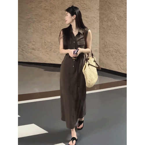 復古無袖背心襯衫連衣裙女2025夏季新款輕熟風氣質高級感掐腰長裙