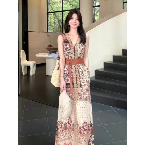 法式度假風印花無袖連衣裙女2025夏季設計感小衆百搭寬松顯瘦長裙