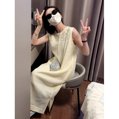 法式蕾絲拼接無袖背心連衣裙2025新款今年流行爆款度假長裙子女夏