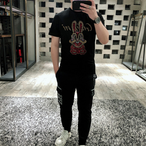 帝維尚潮牌短袖男t恤圓領春夏新款燙鑽兔子國潮休閒修身大碼上衣