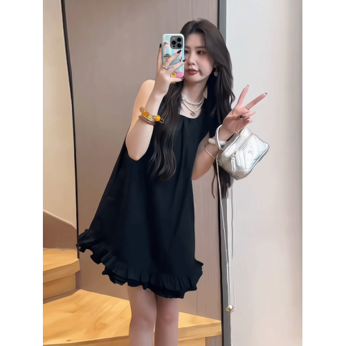 設計感下擺花邊拼接背心連衣裙女2025夏季新款氣質感無袖A字短裙