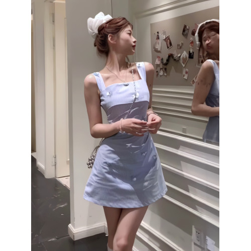 法式千金小香風藍色背心連衣裙女夏2025新款小個子收腰無袖短裙子