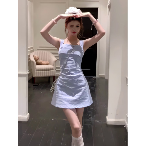 法式千金小香風藍色背心連衣裙女夏2025新款小個子收腰無袖短裙子