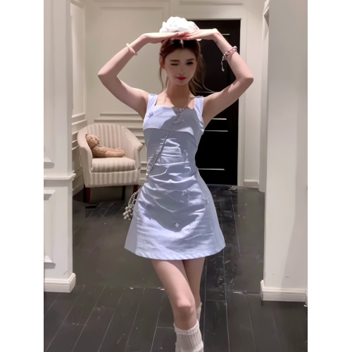 法式千金小香風藍色背心連衣裙女夏2025新款小個子收腰無袖短裙子