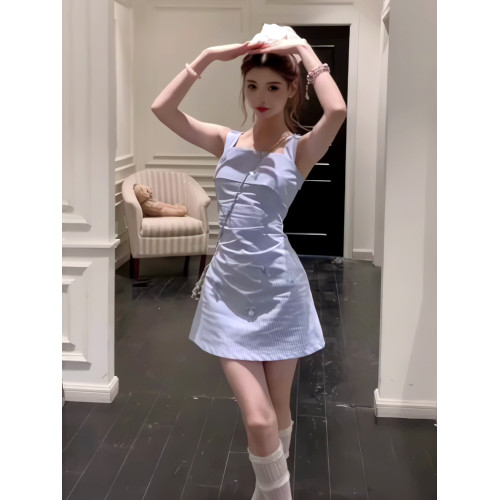 法式千金小香風藍色背心連衣裙女夏2025新款小個子收腰無袖短裙子