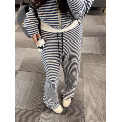 韓系慵懶風穿搭一整套女藍色條紋連帽拉鍊衛衣抽繩濶腿褲休閒套裝