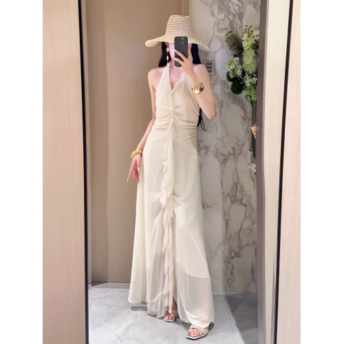 法式知性荷葉邊V領掛脖連衣裙女2025年夏季新款溫柔氣質露背長裙