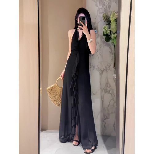 法式知性荷葉邊V領掛脖連衣裙女2025年夏季新款溫柔氣質露背長裙