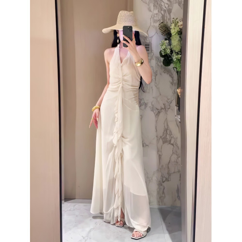 法式知性荷葉邊V領掛脖連衣裙女2025年夏季新款溫柔氣質露背長裙