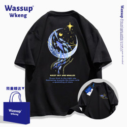 wassup聯名黑色短袖男t恤2025新款夏季潮牌純棉寬松青少年男上衣