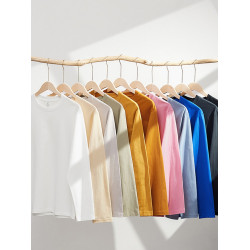 進口230克秋季新疆精梳全棉重磅圓領純色長袖男t恤寬鬆打底衫一