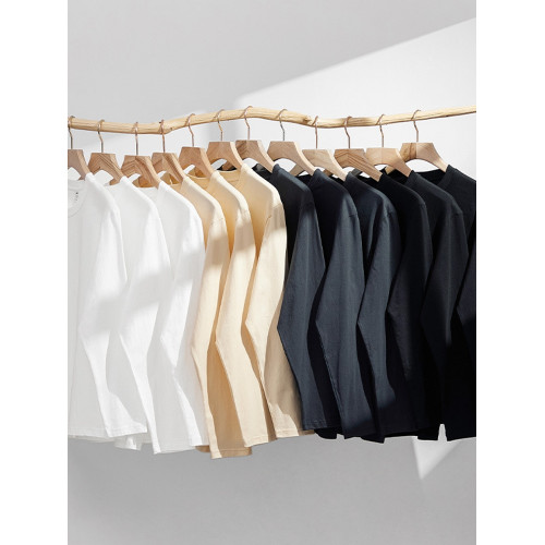 進口230克秋季新疆精梳全棉重磅圓領純色長袖男t恤寬鬆打底衫一