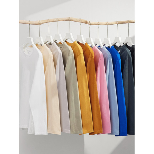 進口230克秋季新疆精梳全棉重磅圓領純色長袖男t恤寬鬆打底衫一