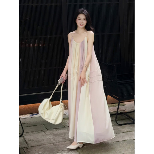 法式漸變暈染長款吊帶連衣裙女2025新款抽繩顯瘦雪紡裙海邊度假裙
