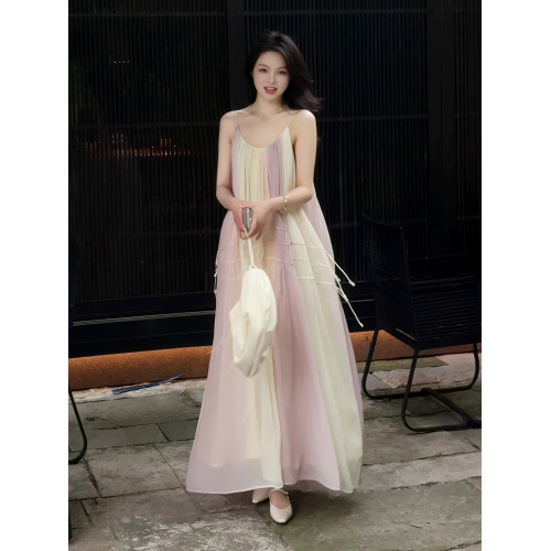 法式漸變暈染長款吊帶連衣裙女2025新款抽繩顯瘦雪紡裙海邊度假裙
