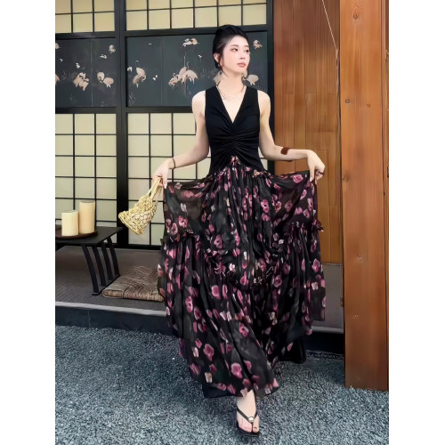 2025夏季高級感花影輕喃蕾絲拼接連衣裙碎花優雅設計感長裙6774