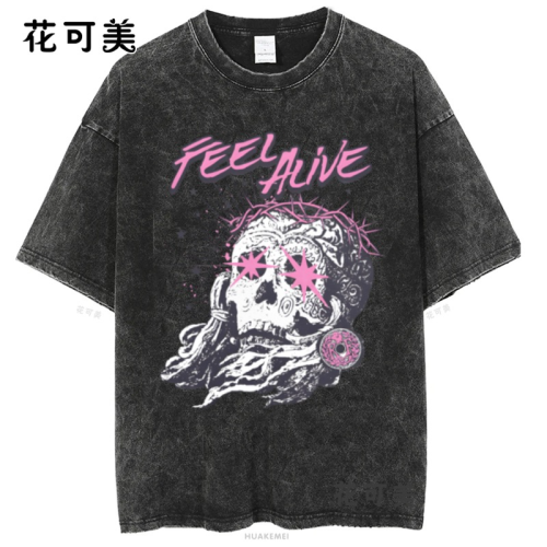 歐美潮牌搞笑創意滑稽圓領寬松潮牌卡通印花水洗做舊短袖男t恤