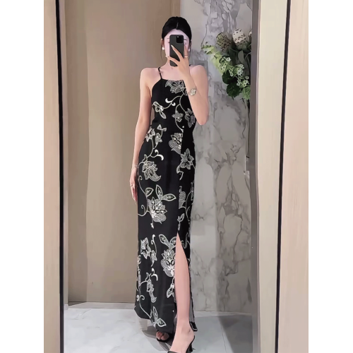 禦姐辣妹度假風印花吊帶連衣裙女夏季時尚顯瘦性感露背開叉長裙子