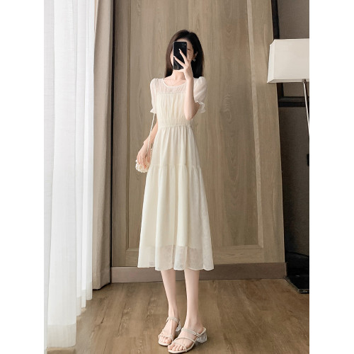小個子白色雪紡連衣裙女2025新款夏季氣質圓領收腰遮肚子a字裙子
