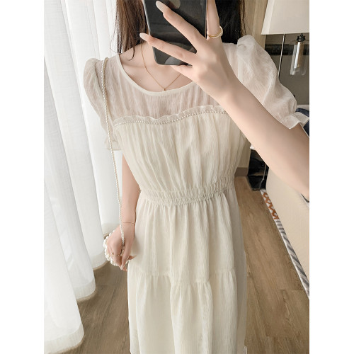 小個子白色雪紡連衣裙女2025新款夏季氣質圓領收腰遮肚子a字裙子
