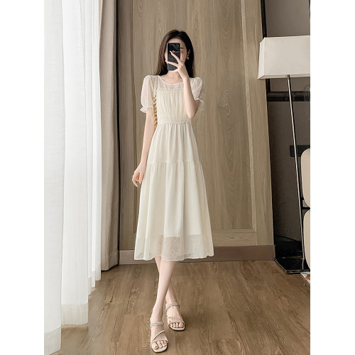 小個子白色雪紡連衣裙女2025新款夏季氣質圓領收腰遮肚子a字裙子