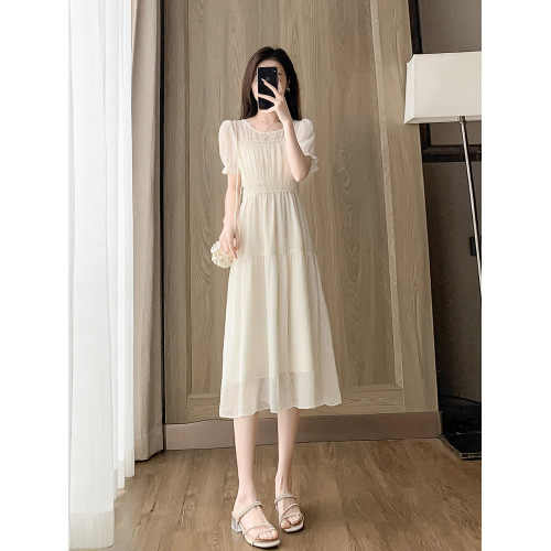 小個子白色雪紡連衣裙女2025新款夏季氣質圓領收腰遮肚子a字裙子