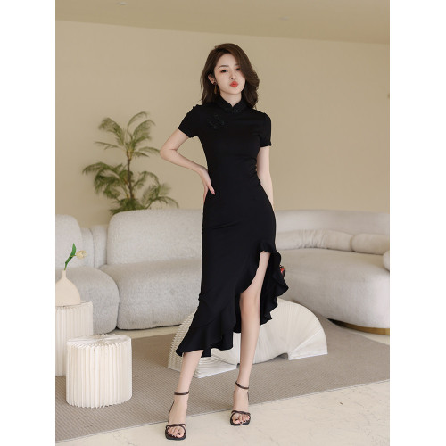 風改良版旗袍連衣裙夏設計感開叉復古氣質時尚收腰新中式女裝