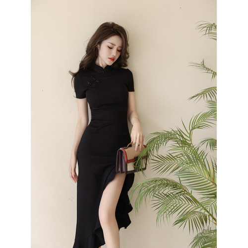 風改良版旗袍連衣裙夏設計感開叉復古氣質時尚收腰新中式女裝