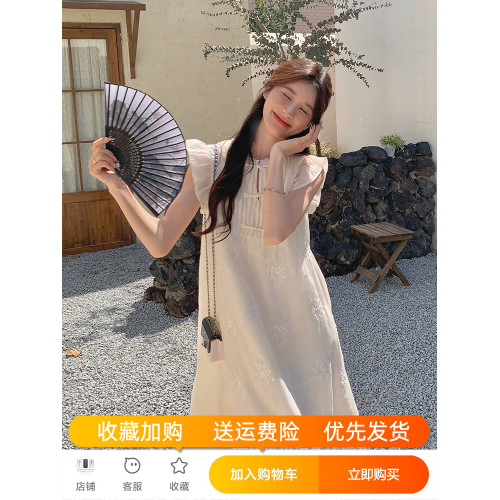 米白色新中式連衣裙女夏2025新款國風小飛袖氣質甜美溫柔刺綉裙子