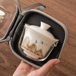 羊脂玉旅行茶具套裝可攜式戶外露營快客杯一壺三杯泡茶裝備收納包