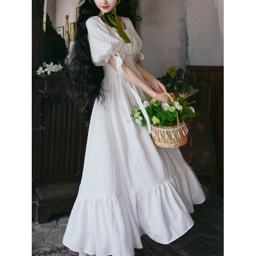 彌愛原創《小白裙》法式復古方領顯瘦高腰大擺浮雕肌理感連衣裙