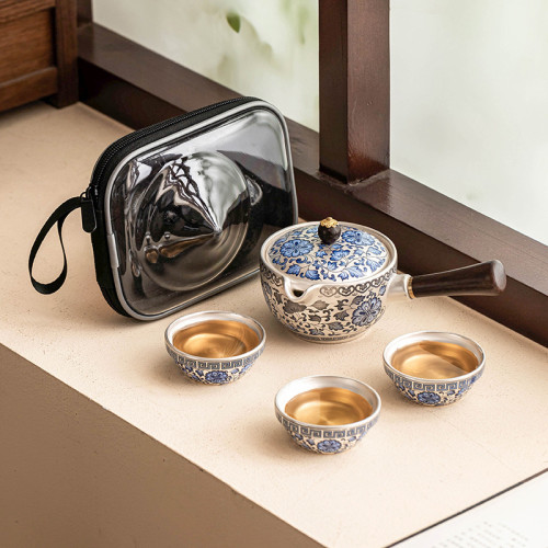 纏枝蓮999鎏銀旅行茶具套裝一壺三杯可攜式快客杯側把壺茶杯 纏枝蓮999鎏銀旅行茶具套裝一壺三杯可攜式快客杯側把壺茶杯