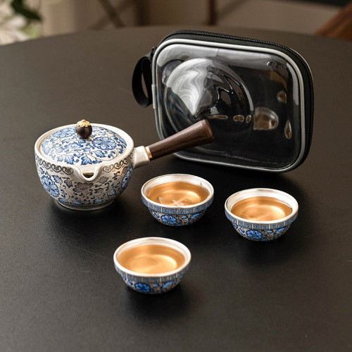 纏枝蓮999鎏銀旅行茶具套裝一壺三杯可攜式快客杯側把壺茶杯 纏枝蓮999鎏銀旅行茶具套裝一壺三杯可攜式快客杯側把壺茶杯