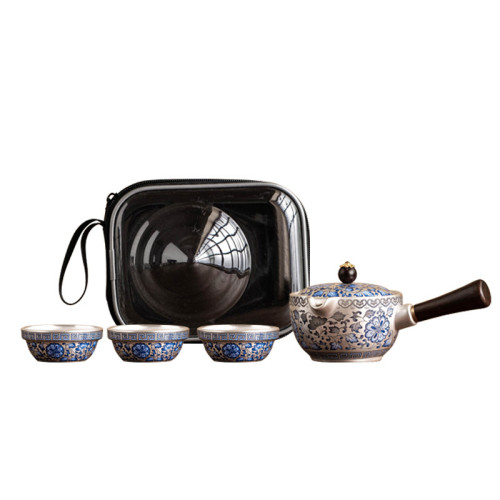 纏枝蓮999鎏銀旅行茶具套裝一壺三杯可攜式快客杯側把壺茶杯 纏枝蓮999鎏銀旅行茶具套裝一壺三杯可攜式快客杯側把壺茶杯