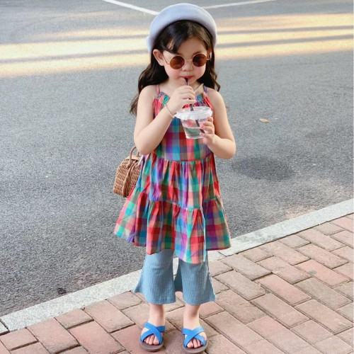 兒童沙灘裙2025夏款韓版女童格子吊帶裙彩色格子背心裙子洋氣