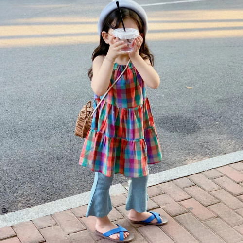兒童沙灘裙2025夏款韓版女童格子吊帶裙彩色格子背心裙子洋氣