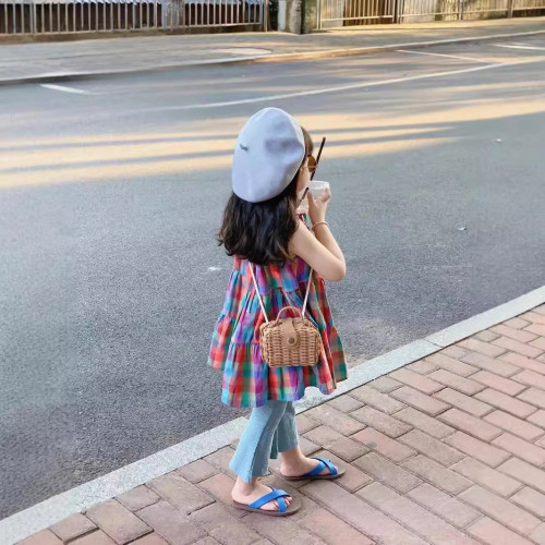 兒童沙灘裙2025夏款韓版女童格子吊帶裙彩色格子背心裙子洋氣