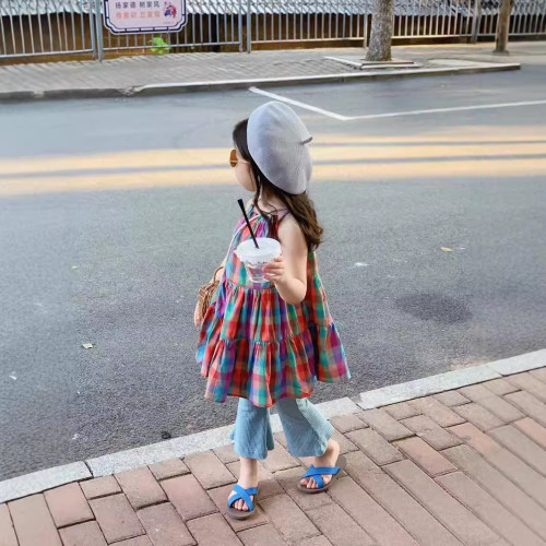 兒童沙灘裙2025夏款韓版女童格子吊帶裙彩色格子背心裙子洋氣