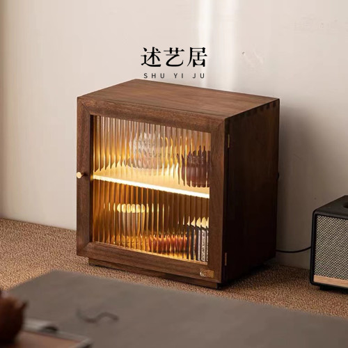 述藝居胡桃木單開門小收納櫃燕尾榫卯茶具櫃中式家用收納帶燈防塵