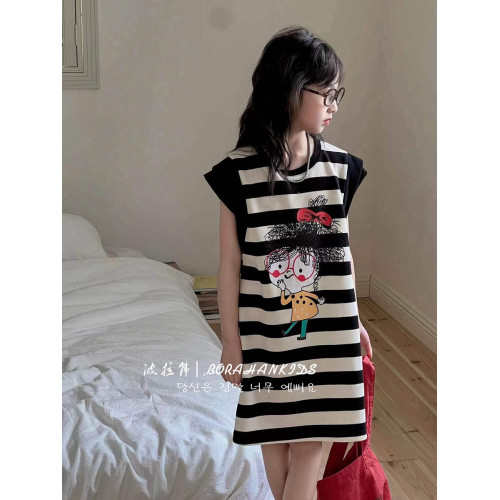 波拉韓童裝女童連衣裙2025夏小女孩T裙兒童背心裙中大童休閒裙子
