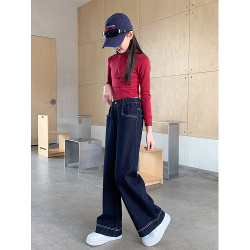 女童春季褲子中大童牛仔褲2025新款兒童春秋濶腿褲童裝寬松休閒褲